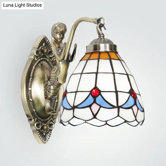 Dome Wall Lamp: 1-Bulb Stained Glass Mediterranean Tulip Pattern In White/Blue Mermaid Arm