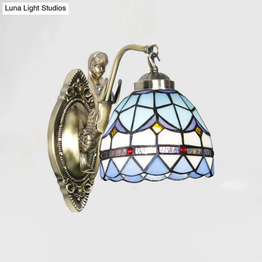 Dome Wall Lamp: 1-Bulb Stained Glass Mediterranean Tulip Pattern In White/Blue Mermaid Arm