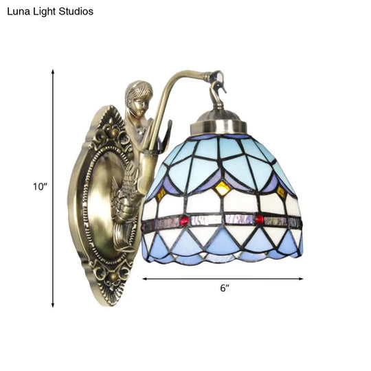 Dome Wall Lamp: 1-Bulb Stained Glass Mediterranean Tulip Pattern In White/Blue Mermaid Arm