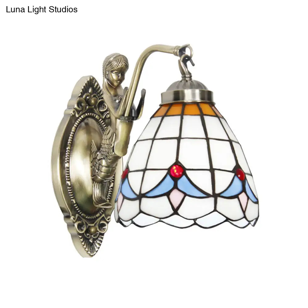 Dome Wall Lamp: 1-Bulb Stained Glass Mediterranean Tulip Pattern In White/Blue Mermaid Arm