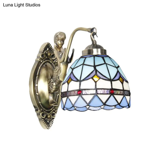 Dome Wall Lamp: 1-Bulb Stained Glass Mediterranean Tulip Pattern In White/Blue Mermaid Arm