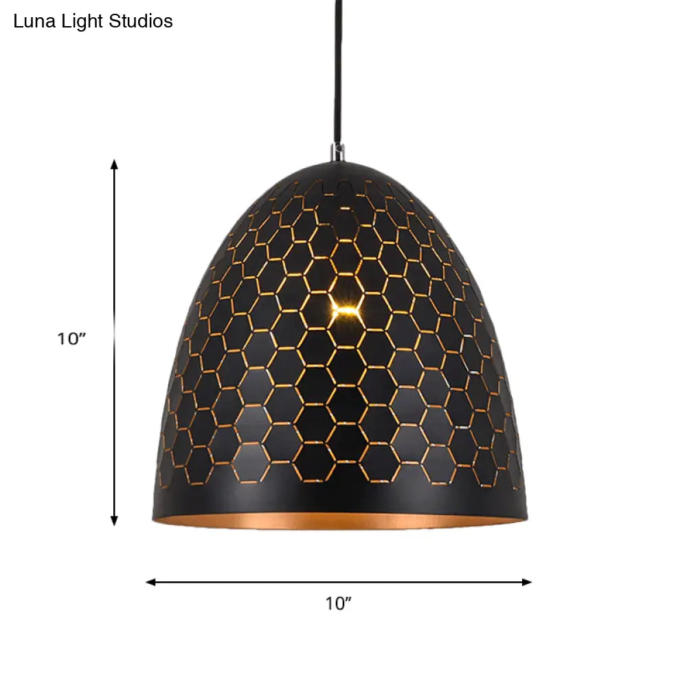 Domed Drop Pendant Light - Factory Black Metal Suspension With Honeycomb Pattern 10’/12’/16’ Wide