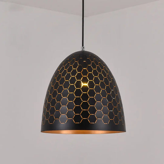 Domed Drop Pendant Light - Factory Black Metal Suspension With Honeycomb Pattern 10’/12’/16’