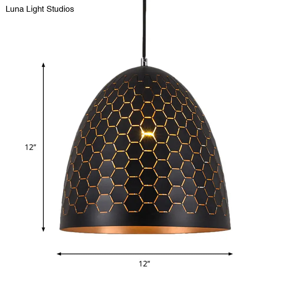 Domed Drop Pendant Light - Factory Black Metal Suspension With Honeycomb Pattern 10’/12’/16’ Wide