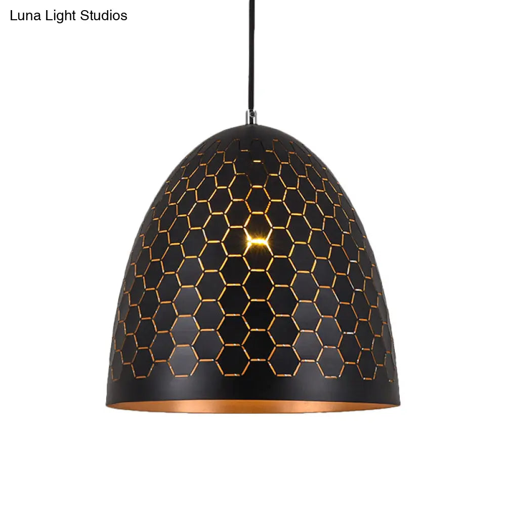 Factory Black Metal Suspension Light With Honeycomb Pattern 1 Bulb Domed Drop Pendant 10/12/16 Wide