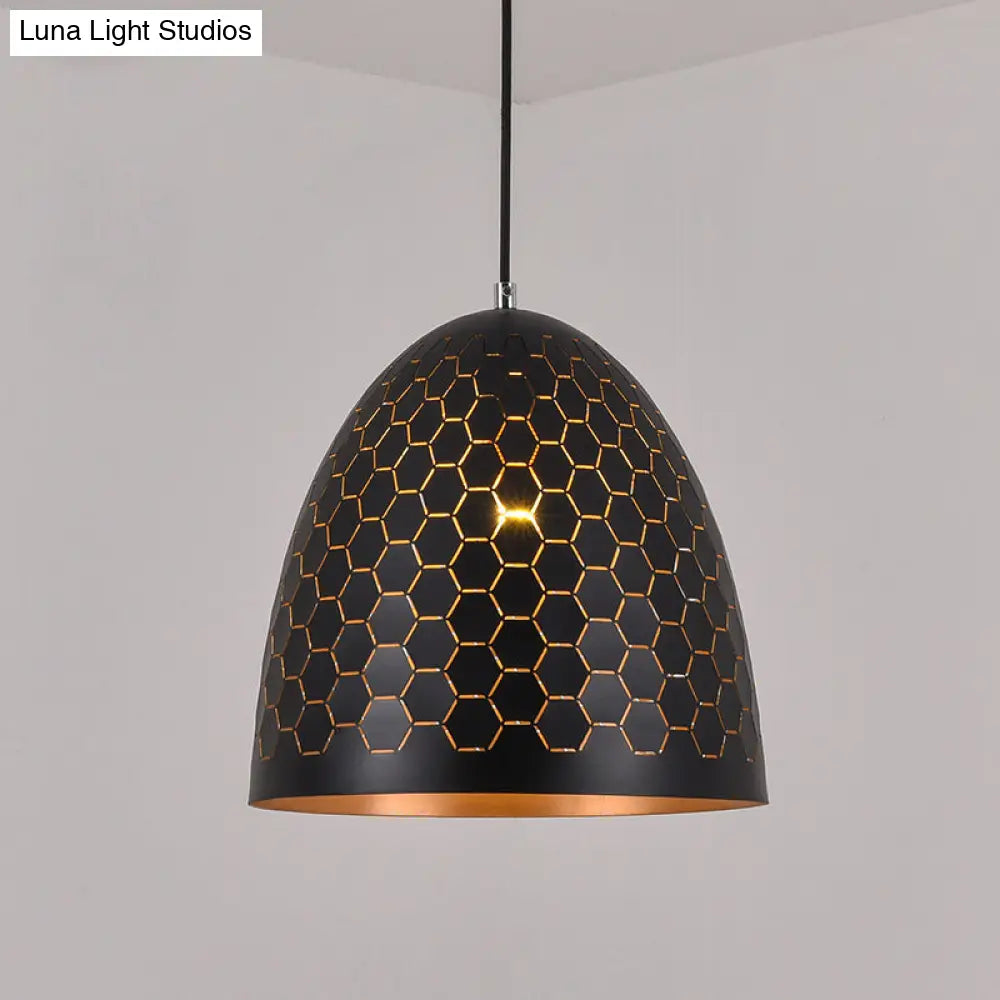 Factory Black Metal Suspension Light With Honeycomb Pattern 1 Bulb Domed Drop Pendant 10/12/16 Wide