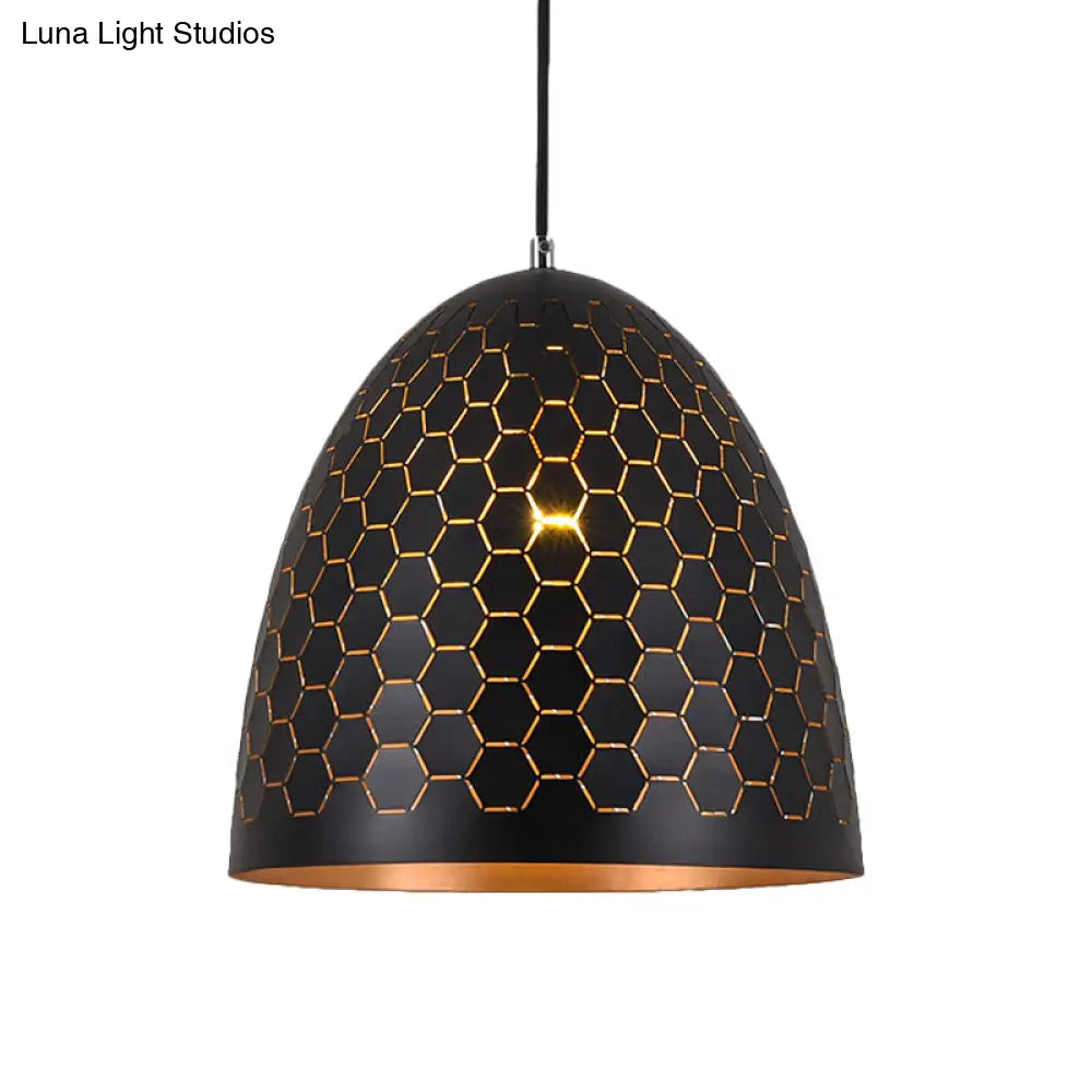 Domed Drop Pendant Light - Factory Black Metal Suspension With Honeycomb Pattern 10’/12’/16’ Wide