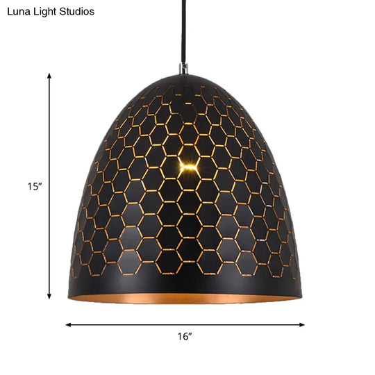 Domed Drop Pendant Light - Factory Black Metal Suspension With Honeycomb Pattern 10’/12’/16’ Wide