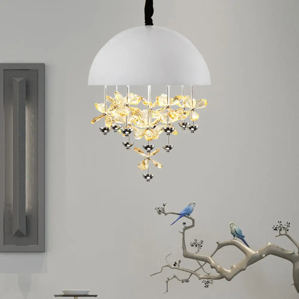 Domed Pendant Light With Crystal Flower Deco - Modern Metal Hanging Ceiling (6/10 Lights) In