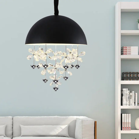 Domed Pendant Light With Crystal Flower Deco - Modern Metal Hanging Ceiling (6/10 Lights) In