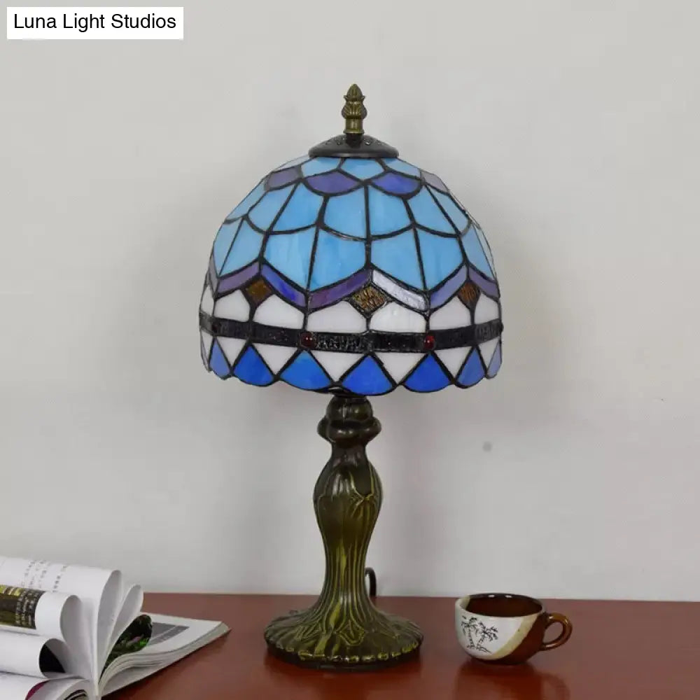 Domed Table Lamp In Baroque Style Stained Glass For Bedroom Lighting - Blue/Brown 1 Light 6/8 Width