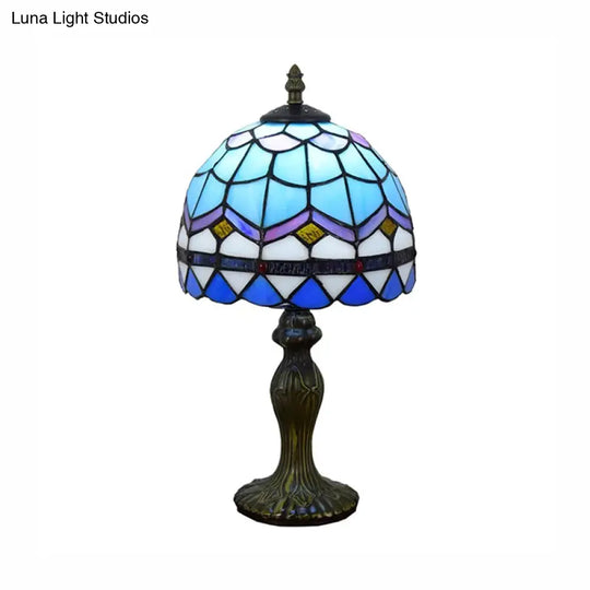 Domed Table Lamp In Baroque Style Stained Glass For Bedroom Lighting - Blue/Brown 1 Light 6/8 Width