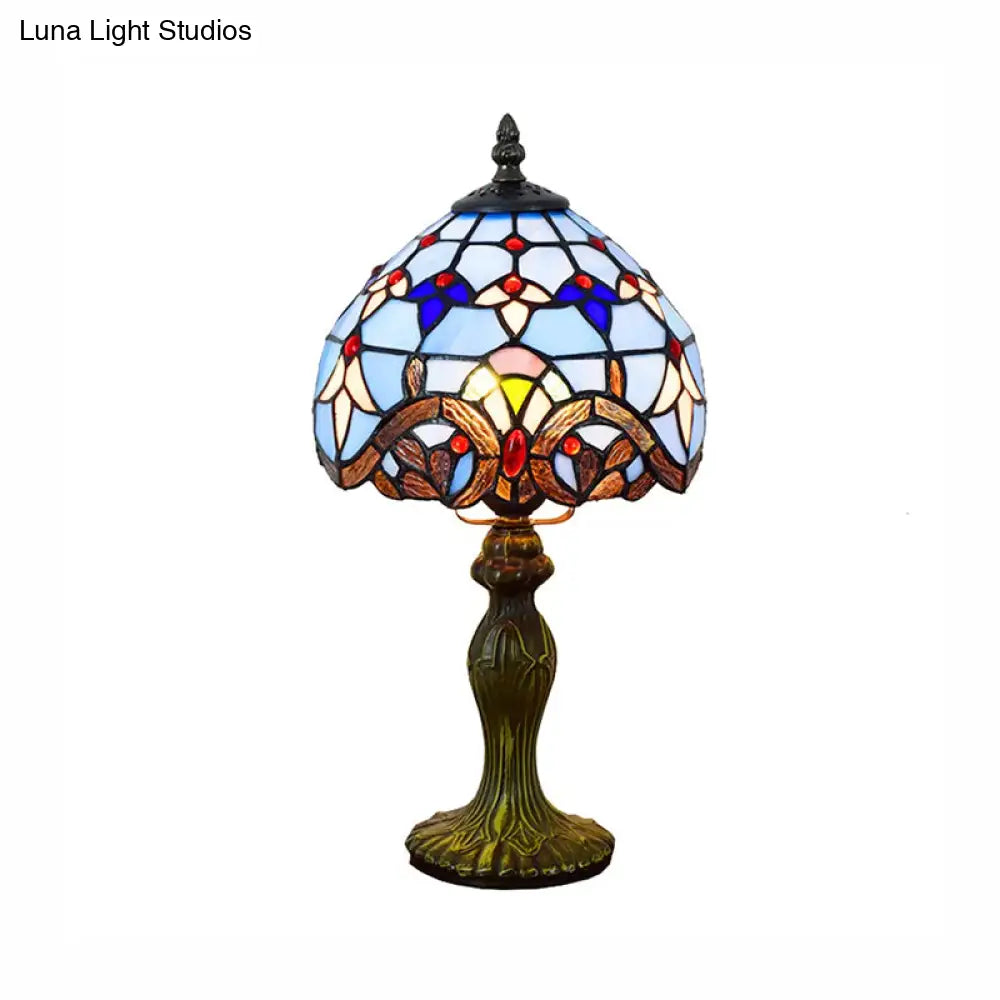 Domed Table Lamp In Baroque Style Stained Glass For Bedroom Lighting - Blue/Brown 1 Light 6/8 Width