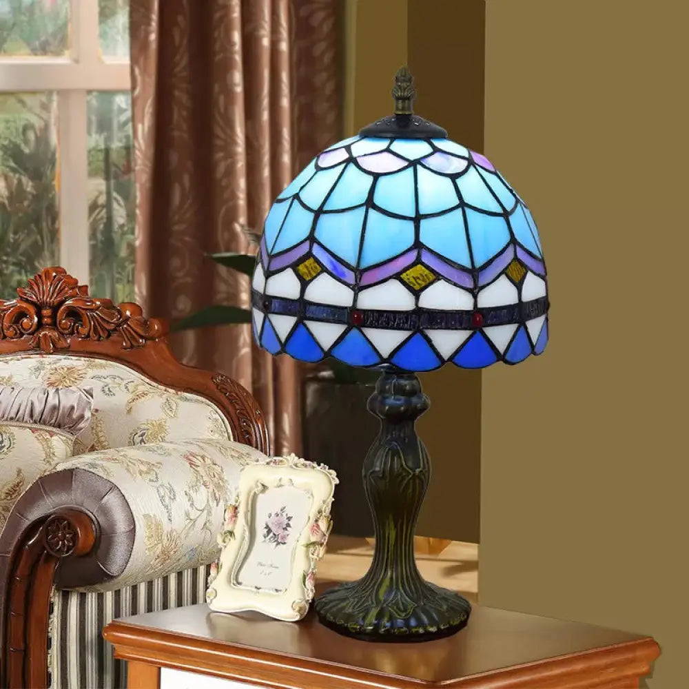 Domed Table Lamp In Baroque Style Stained Glass For Bedroom Lighting - Blue/Brown 1 Light 6/8 Width