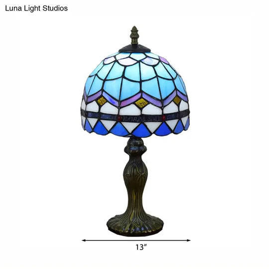 Domed Table Lamp In Baroque Style Stained Glass For Bedroom Lighting - Blue/Brown 1 Light 6/8 Width