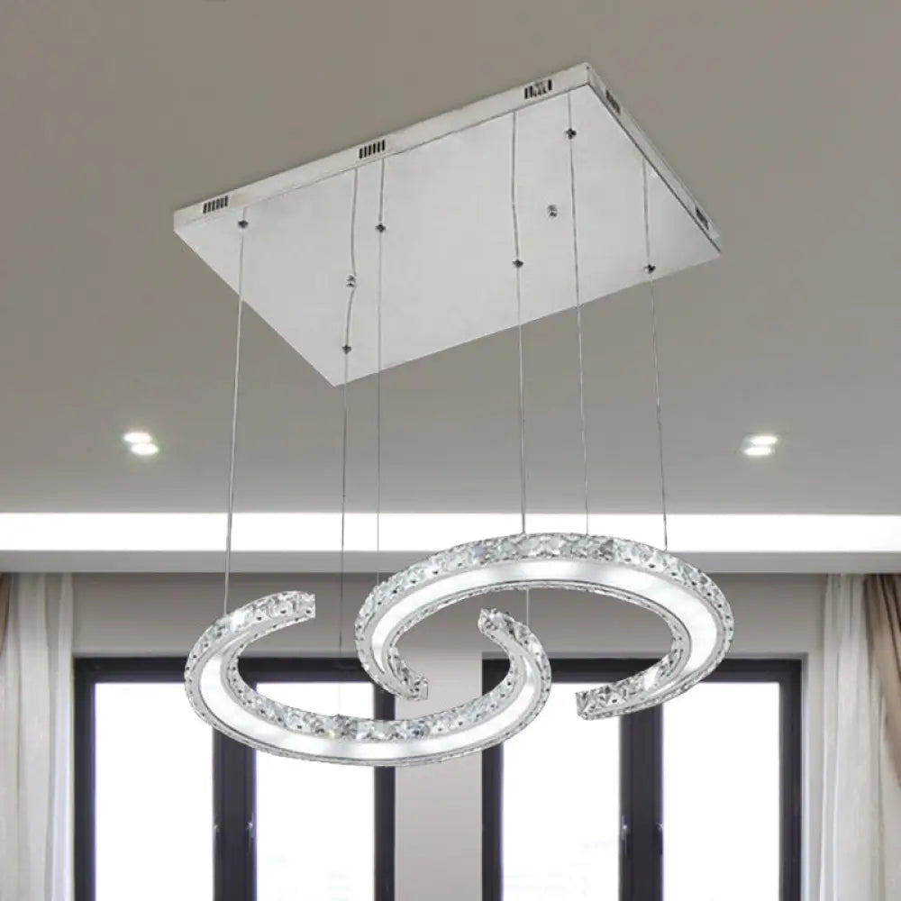 Double C-Shape Suspension Pendant Led Chandelier With K9 Crystal And Chrome Finish In Warm/White/3