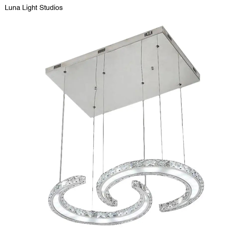 Double C-Shape Suspension Pendant Led Chandelier With K9 Crystal And Chrome Finish In Warm/White/3