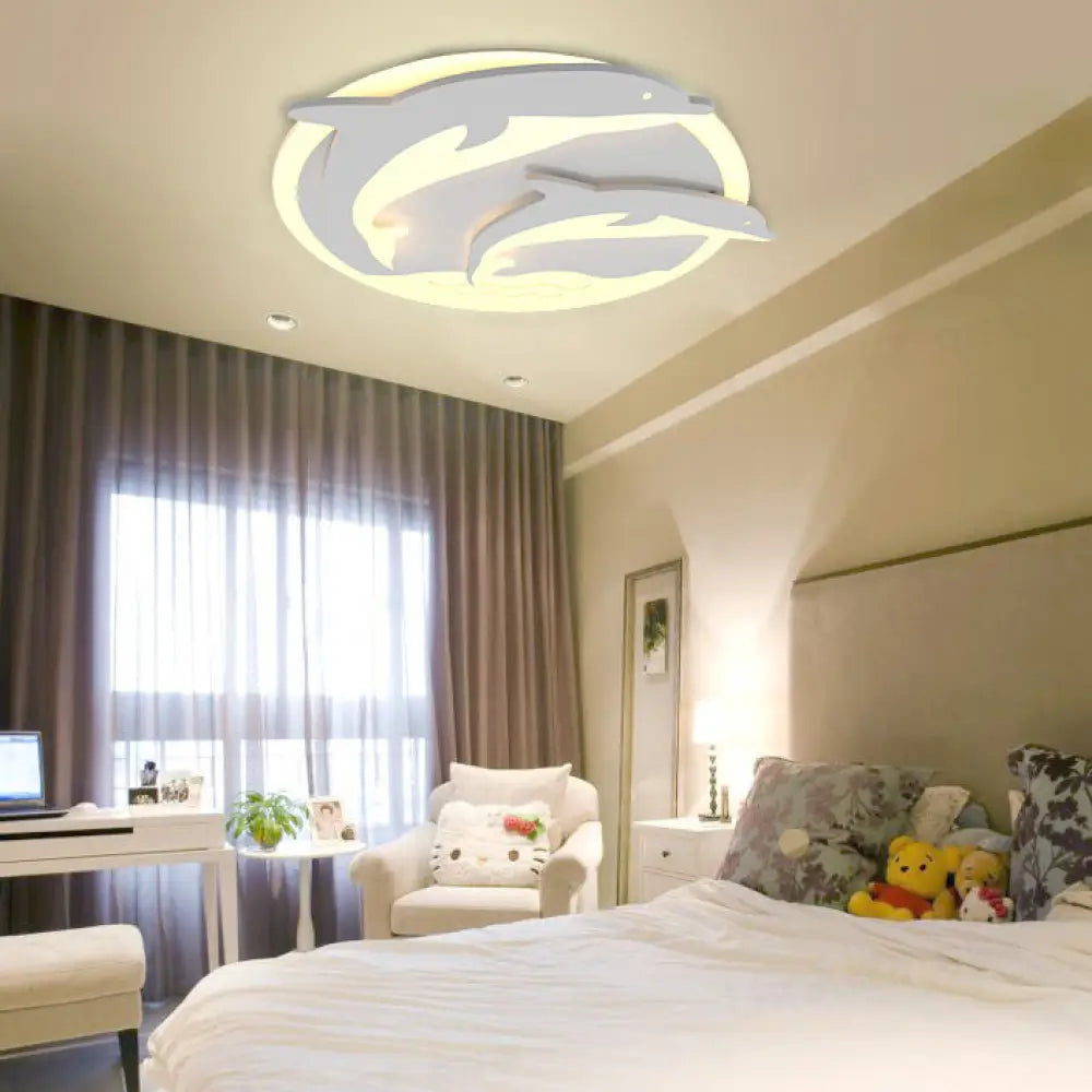 Double Dolphin Ceiling Light: White Animal Acrylic Led Fixture For Child Bedroom /