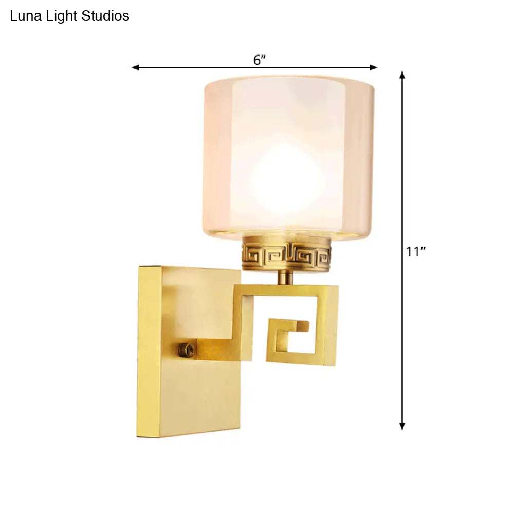 Double Glass Brass Finish Drum Wall Mount Lamp - Modern Style 1 Light Sconce For Hallways