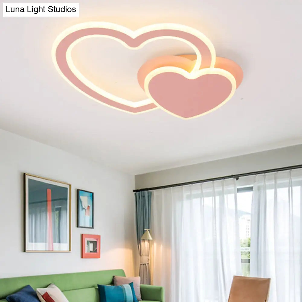 Double Loving-Heart Kids Led Flush Ceiling Light - Vibrant Undertint Ideal For Bedroom Pink