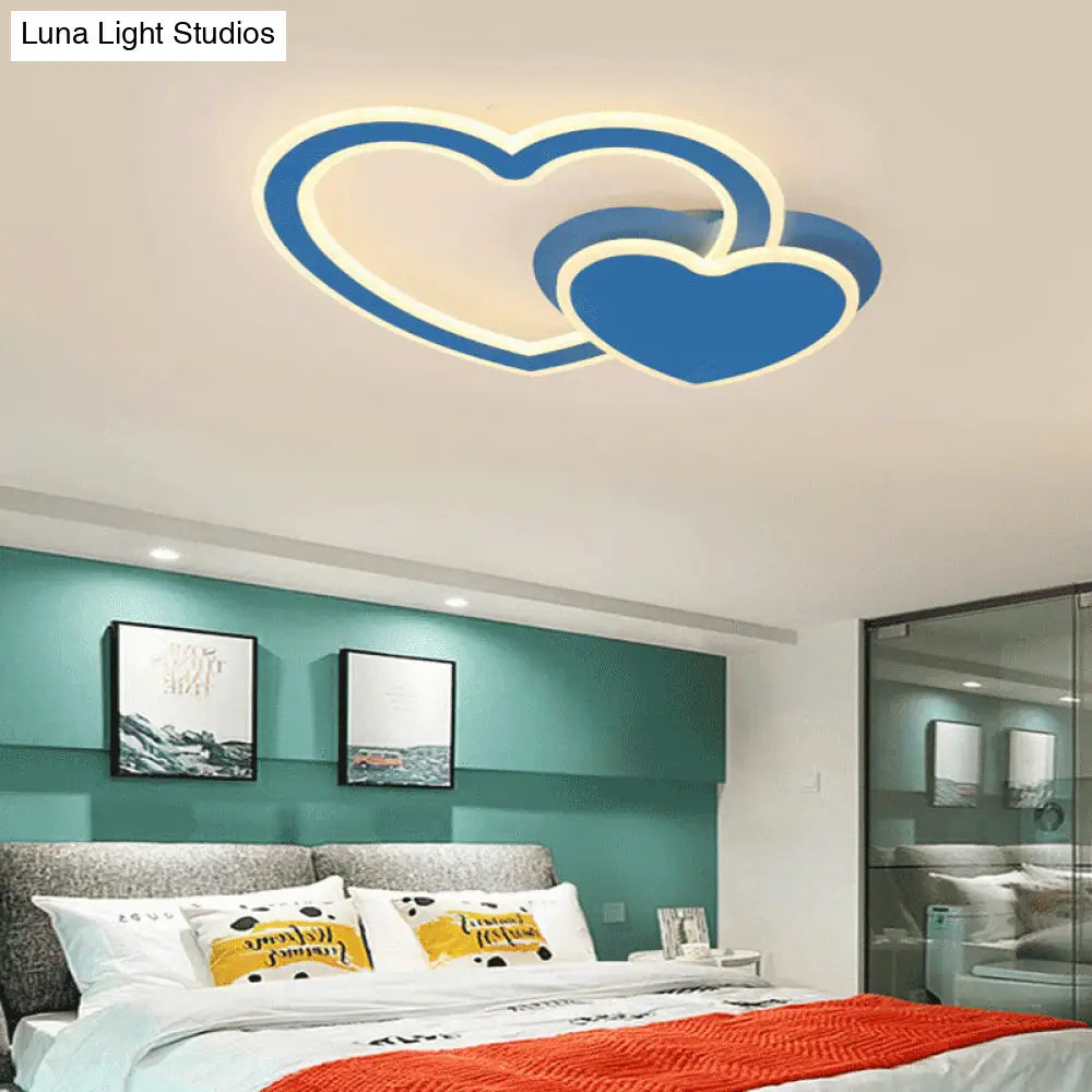 Double Loving-Heart Kids Led Flush Ceiling Light - Vibrant Undertint Ideal For Bedroom Blue