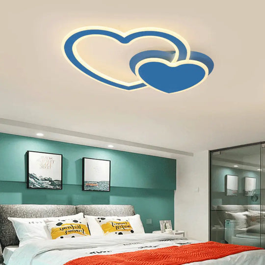 Double Loving-Heart Kids Led Flush Ceiling Light - Vibrant Undertint Ideal For Kid’s Bedroom Blue