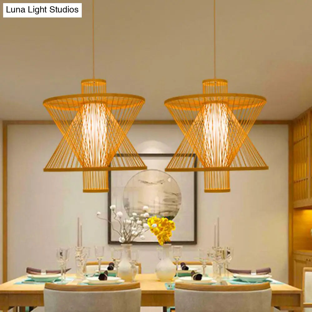 Down Lighting Bamboo Pendant Light: Sandglass Shape Asian Style 1 Bulb Wood Construction - Ideal For