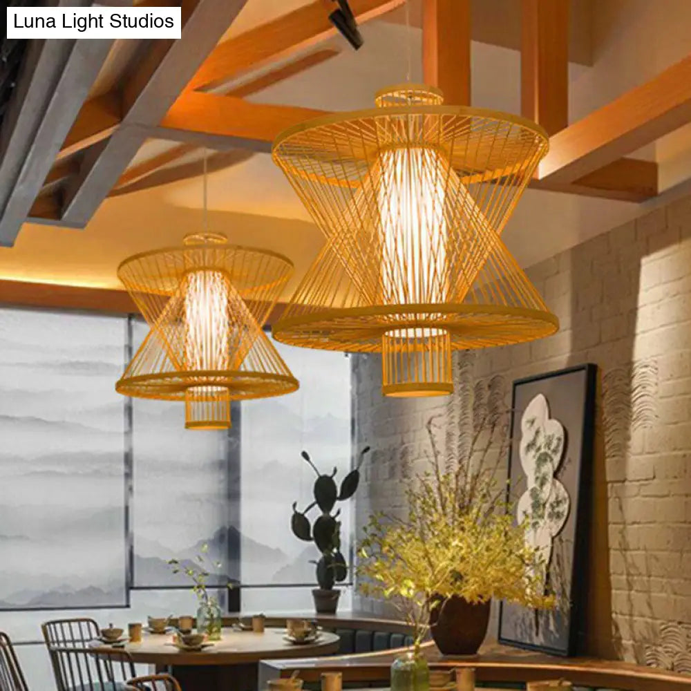 Down Lighting Bamboo Pendant Light: Sandglass Shape Asian Style 1 Bulb Wood Construction - Ideal For