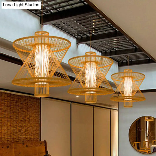 Down Lighting Bamboo Pendant Light: Sandglass Shape Asian Style 1 Bulb Wood Construction - Ideal For