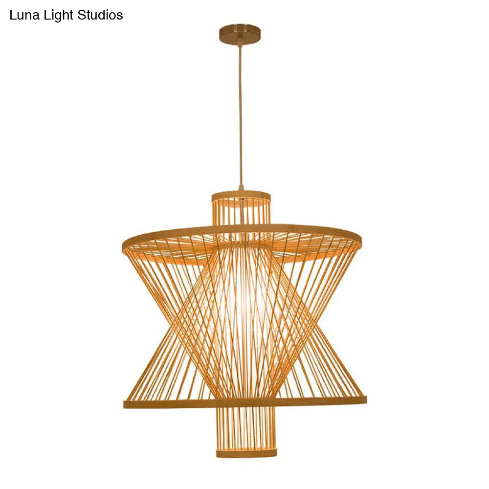 Down Lighting Bamboo Pendant Light: Sandglass Shape Asian Style 1 Bulb Wood Construction - Ideal For