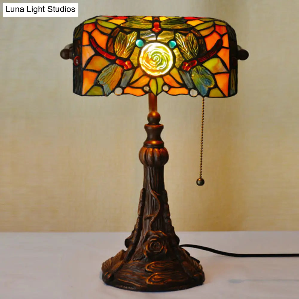 Dragonfly And Flower Cut Glass Tiffany Style Nightstand Lamp - 1-Light Yellow Pull Chain