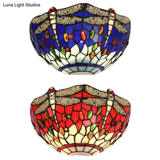 Dragonfly And Jewel Tiffany Half-Bowl Wall Light In Red/Blue - Perfect For Cafes