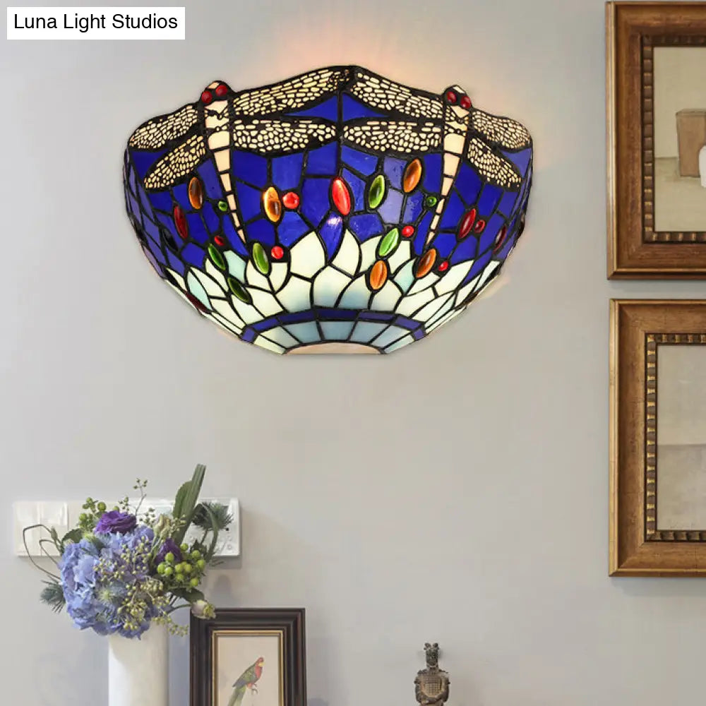 Dragonfly And Jewel Tiffany Half-Bowl Wall Light In Red/Blue - Perfect For Cafes