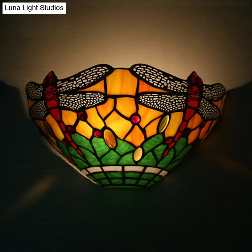 Dragonfly Bowl Shade Wall Light - Rustic Stained Glass Sconce Lighting