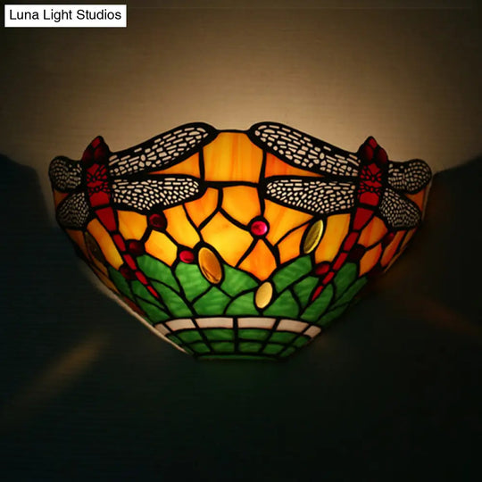 Dragonfly Bowl Shade Wall Light - Rustic Stained Glass Sconce Lighting