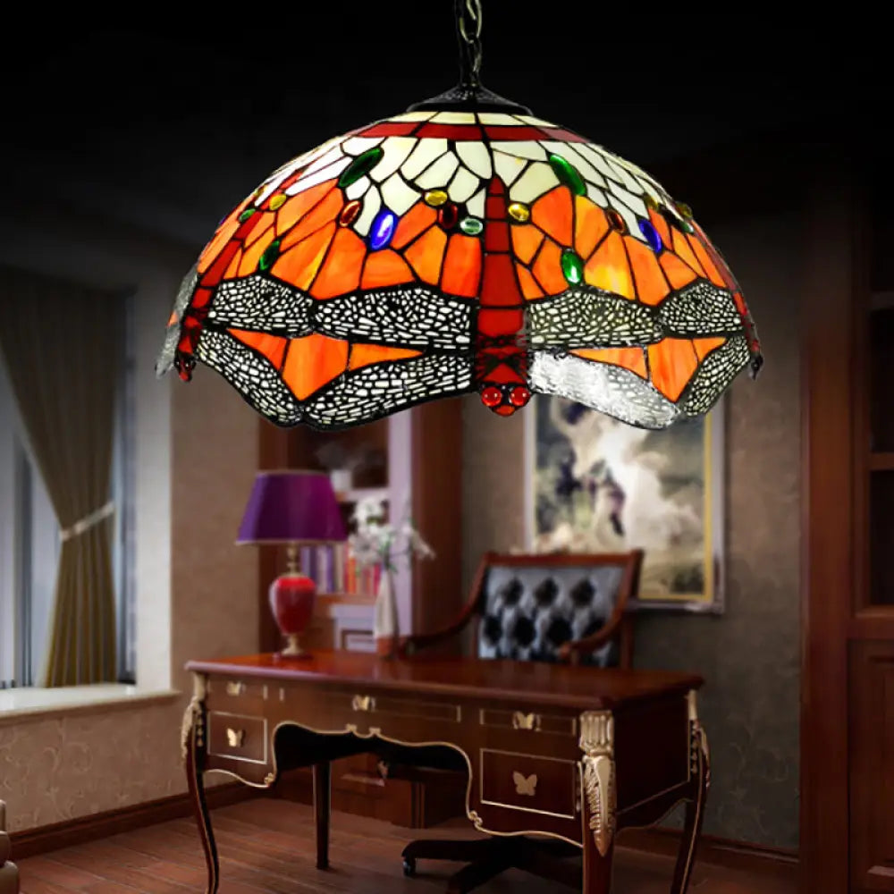 Dragonfly Ceiling Light - Orange Hand Cut Glass Victorian Fixture 2-Head Suspended Lighting