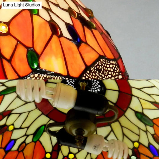 Dragonfly Hand-Cut Glass Ceiling Light With Victorian Style 2 Heads And Orange Finish - Suspended