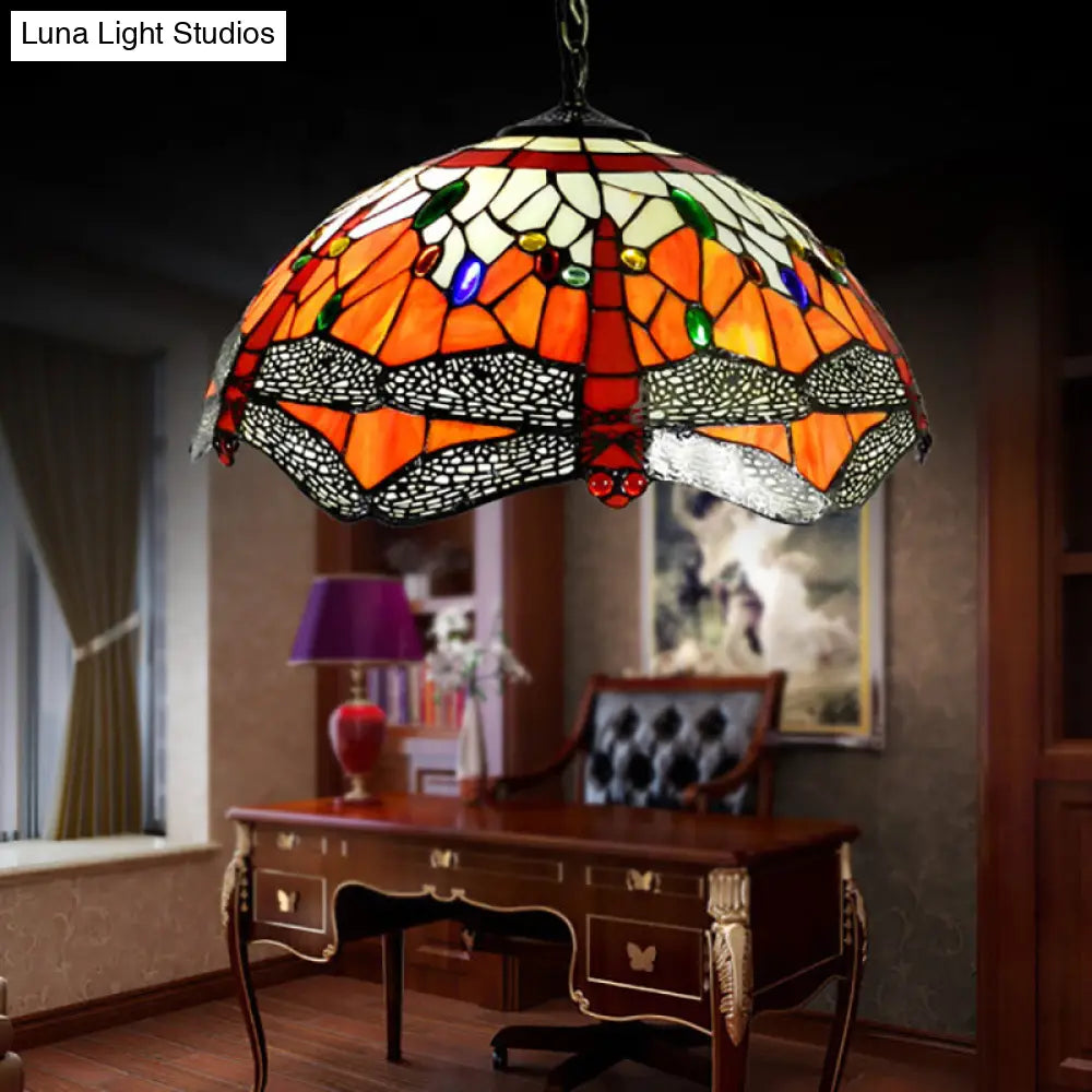 Dragonfly Hand-Cut Glass Ceiling Light With Victorian Style 2 Heads And Orange Finish - Suspended