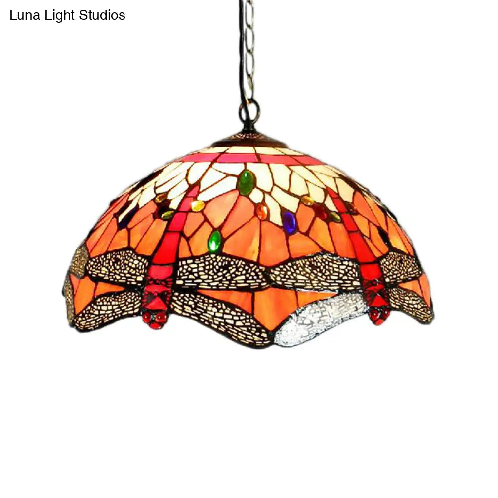 Dragonfly Hand-Cut Glass Ceiling Light With Victorian Style 2 Heads And Orange Finish - Suspended