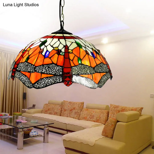 Dragonfly Hand-Cut Glass Ceiling Light With Victorian Style 2 Heads And Orange Finish - Suspended