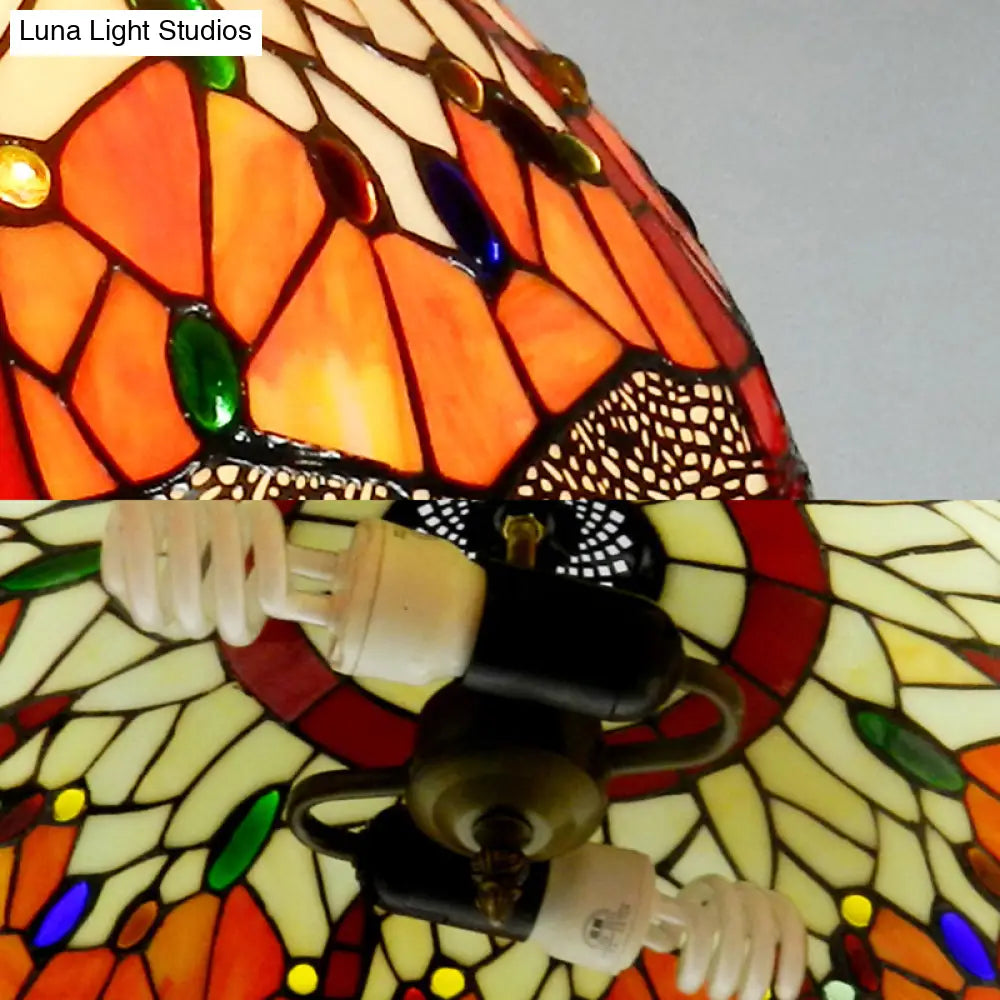 Dragonfly Ceiling Light - Orange Hand Cut Glass Victorian Fixture 2-Head Suspended Lighting