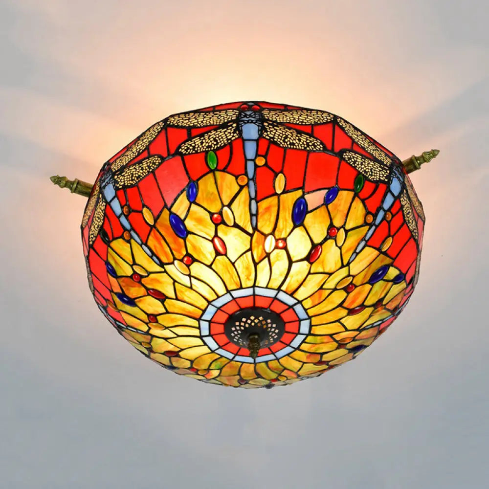 Dragonfly Ceiling Tiffany Brass Stained Glass Flush Mount Light - 5 Lights 21.5’/25.5’ Width / 21.5’