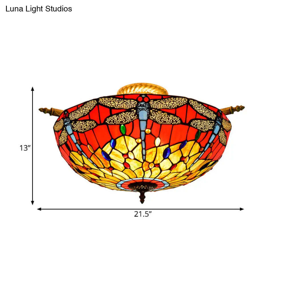 Dragonfly Ceiling Tiffany Brass Stained Glass Flush Mount Light - 5 Lights 21.5’/25.5’ Width