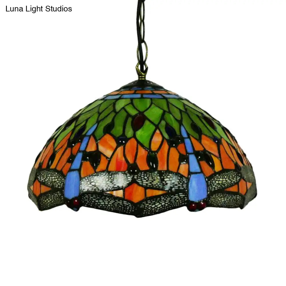 Mediterranean Blue/Green Stained Glass Dragonfly Chandelier Pendant - Kitchen Lighting 1/2 Lights