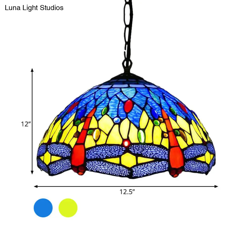 Mediterranean Blue/Green Stained Glass Dragonfly Chandelier Pendant - Kitchen Lighting 1/2 Lights