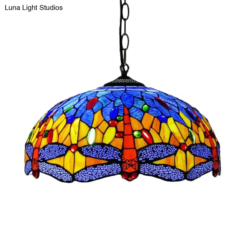 Mediterranean Blue/Green Stained Glass Dragonfly Chandelier Pendant - Kitchen Lighting 1/2 Lights 2