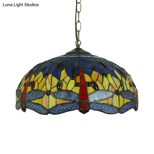 Mediterranean Blue/Green Stained Glass Dragonfly Chandelier Pendant - Kitchen Lighting 1/2 Lights