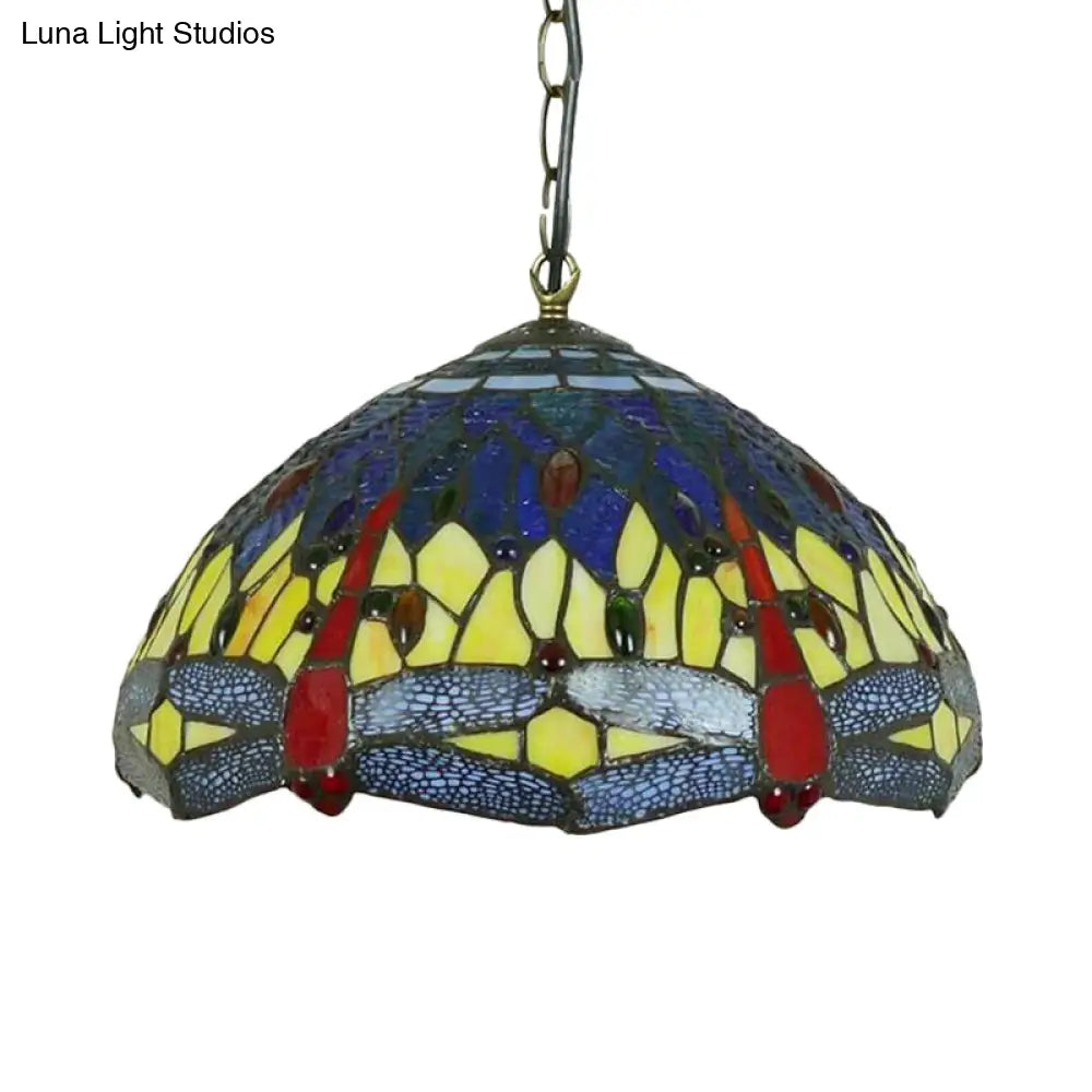 Mediterranean Blue/Green Stained Glass Dragonfly Chandelier Pendant - Kitchen Lighting 1/2 Lights