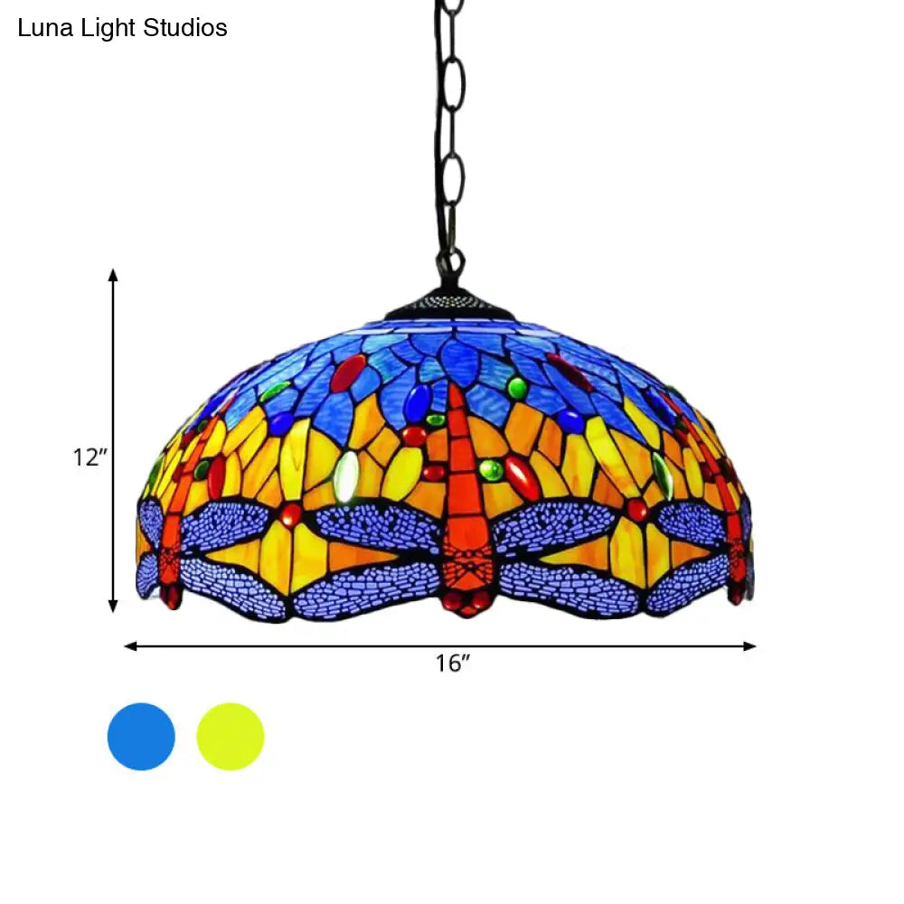 Mediterranean Blue/Green Stained Glass Dragonfly Chandelier Pendant - Kitchen Lighting 1/2 Lights