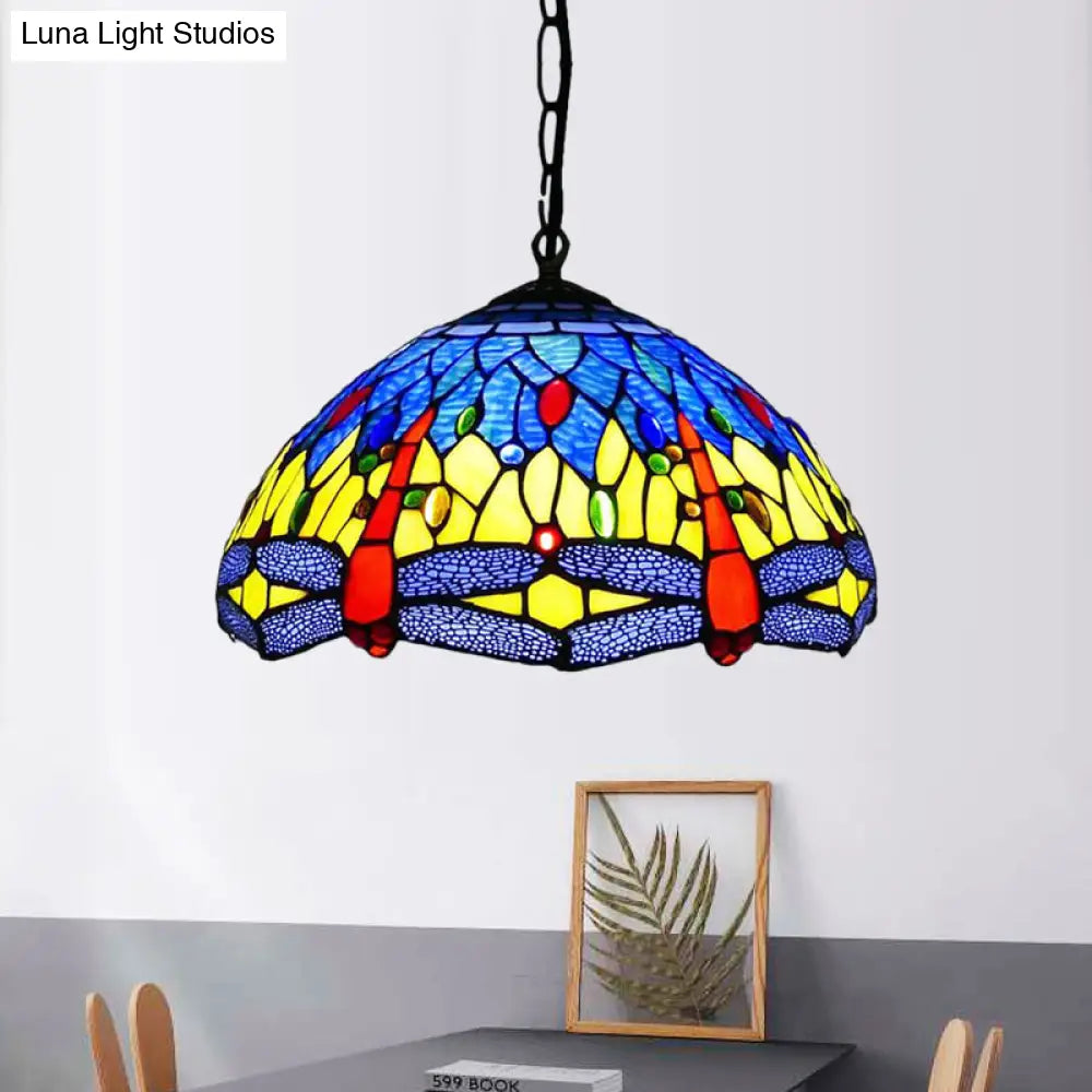 Dragonfly Chandelier Pendant - Mediterranean Blue/Green Stained Glass Kitchen Lighting 1/2 Lights